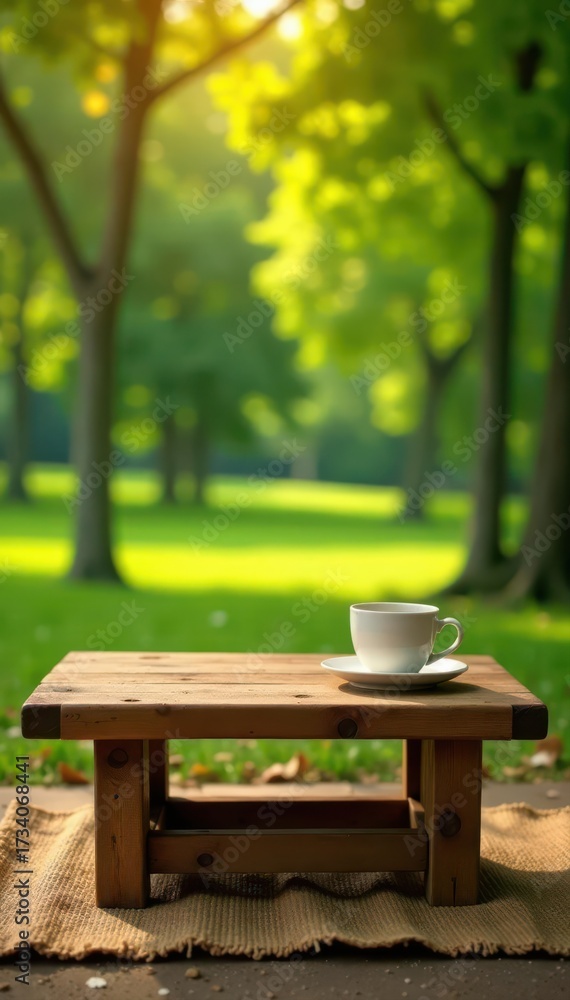 Fototapeta premium Empty rustic wooden coffee table, burlap tablecloth, blurred park background, top view, autumn, bokeh