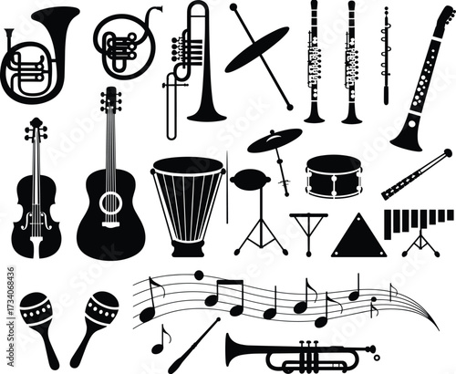 Silhouettes of Musical Instruments and Notes – Vector Set Featuring Brass, Woodwind, String, Percussion Icons and Music Symbols