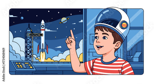 A Young Astronaut Dreams of Space Exploration, Gazing at a Rocket Launch from an Observation Deck, Inspiring Future Adventures
