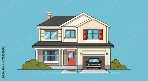Two-story house with garage and car against blue background.