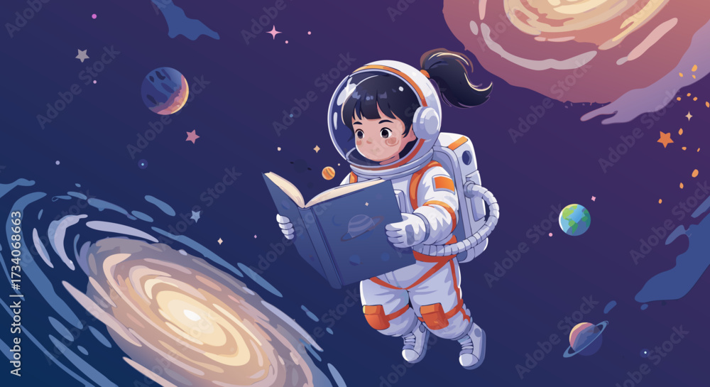 Naklejka premium A curious young girl in an astronaut suit floats through the cosmos, engrossed in a book, surrounded by galaxies and planets, symbolizing the pursuit of knowledge and exploration beyond Earth