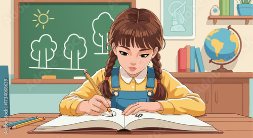 A young girl with braided hair diligently sketching in an open book at a desk, with educational decorations in the background, symbolizing learning and creativity in a school setting