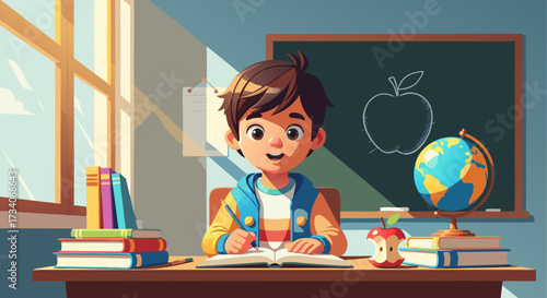 Smiling young school boy sitting at a desk with books and an apple, ready for learning and education in a classroom