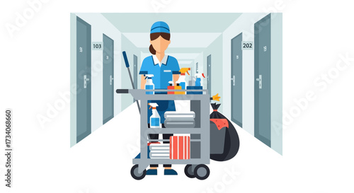 Cleaner with cart in a hallway with doors.