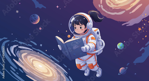 A curious young girl in an astronaut suit floats through the cosmos, engrossed in a book, surrounded by galaxies and planets, symbolizing the pursuit of knowledge and exploration beyond Earth