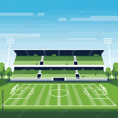 Outdoor stadium with green field and tiered seating under sky.