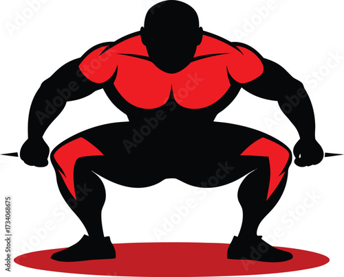 A silhouette of a man in a squatting position against a plain background.