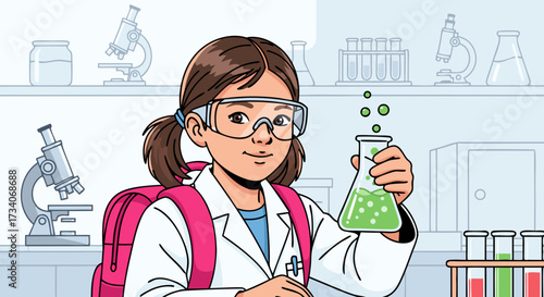 Young girl wearing lab coat and goggles in a science laboratory, holding a flask with green liquid and bubbles