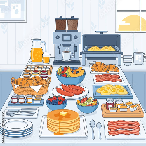 A breakfast buffet with various food items and kitchen appliances.