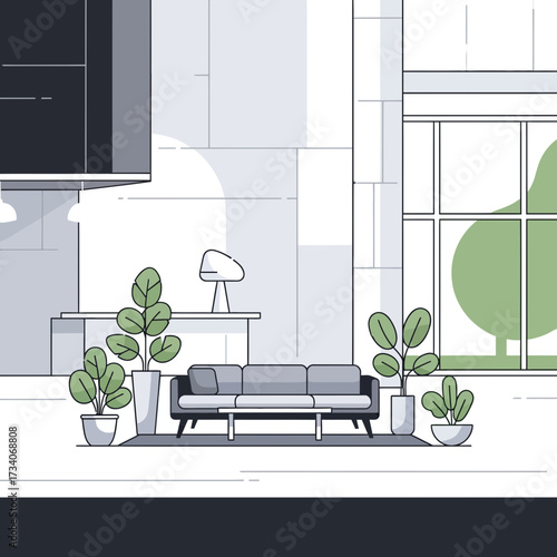Modern office waiting area with sofa plants and window view.