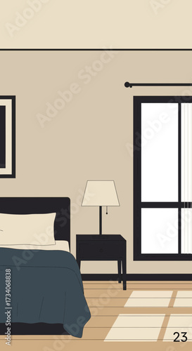 Bedroom interior with bed nightstand lamp and window.