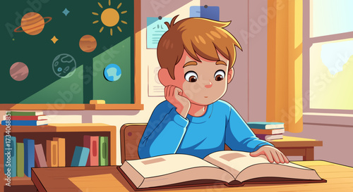 A young boy with a curious gaze rests his chin on his hand while engrossed in reading a book in a classroom setting with celestial imagery