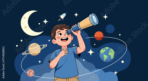 A curious young boy gazes through a telescope at a wondrous night sky filled with planets, stars, and a crescent moon, igniting a passion for astronomy and discovery