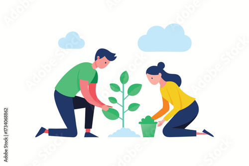 Young couple planting a tree together, the man and woman are taking care of it isolated on white background