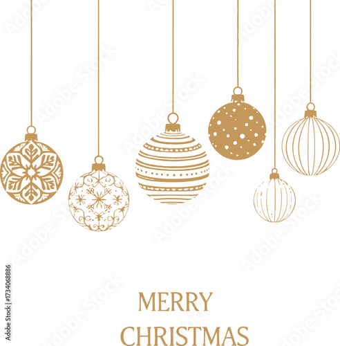 Christmas ornament vector with gold hanging baubles and “Merry Christmas” text in elegant holiday design for festive decor