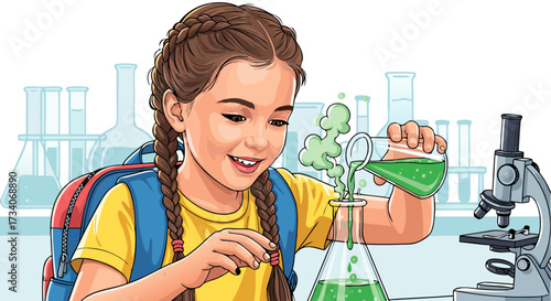A young girl with braided hair enthusiastically experiments with colorful liquids in laboratory beakers and flasks, a microscope nearby