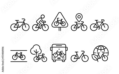Set of twelve black line icons including bicycles, cyclist, road signs, bike lanes, eco transport, trees, and buildings.