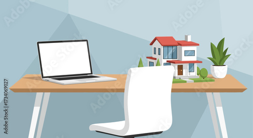 Desk with laptop model house and plant on a patterned background.