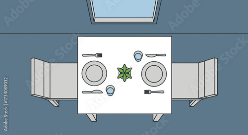Dining table set for two with place settings and a plant.