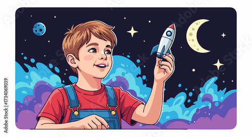 Young boy dreams of space exploration, holding a toy rocket against a backdrop of stars and a crescent moon, illustrating imagination and aspiration