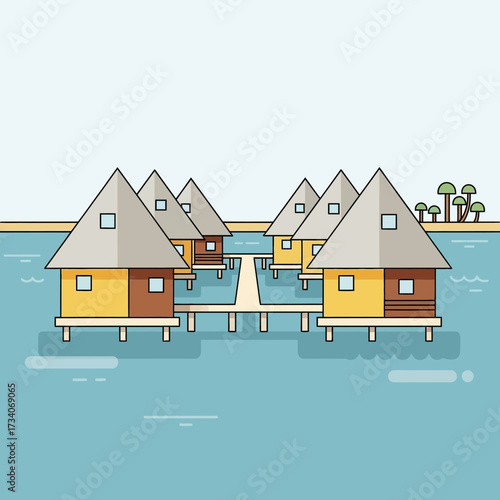 Overwater bungalows in a tropical setting with clear blue water.