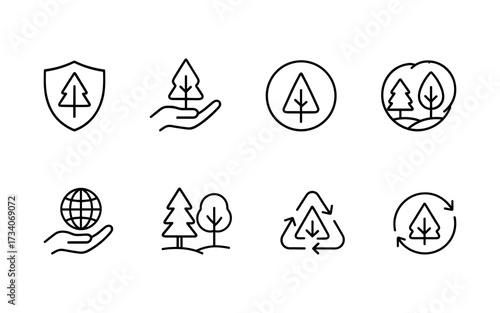 Set of ten black line icons including trees, hands holding trees, earth with trees, fire prevention symbol, water drop, checklist, and plant sprout.