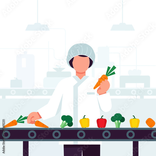Person in uniform inspecting vegetables on a conveyor belt.
