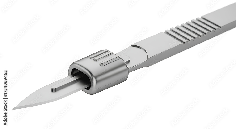 Fototapeta premium A close up of a surgical scalpel with a metal handle and blade against a white background studio shot ai generated