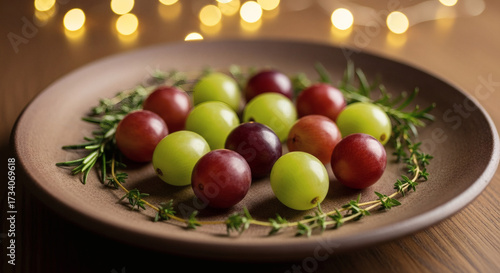 Twelve Lucky New Year's Grapes Arranged with Rosemary and Thyme on a Terracotta Plate: Spanish Tradition for Twelve Months of Good Fortune