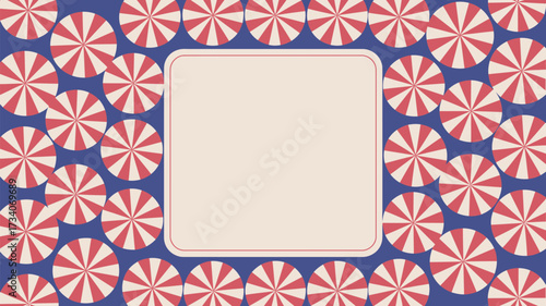 Red and white pinwheel pattern on blue background with a beige rounded square frame in the center