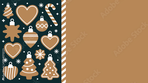 Festive christmas background with gingerbread cookies and ornaments on a dark teal and brown backdrop