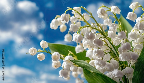 Close-up of lily of the valley blooms against a bright blue sky with clouds
