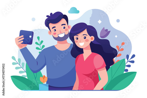 Cheerful couple taking a selfie together surrounded by plants and flowers isolated on white background vector illustration