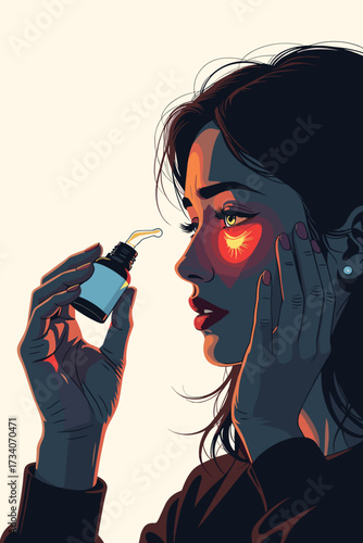 Woman with irritated eye holding eye drops in stylized illustration