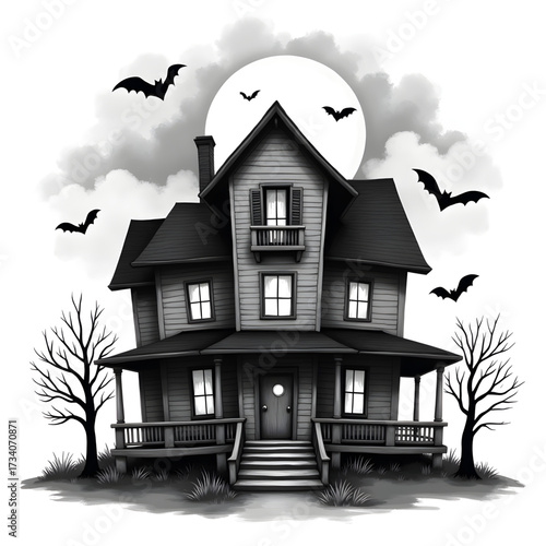 Spooky Haunted House Illustration: A classic grayscale illustration presents a foreboding haunted house set against a full moon. Bats and bare trees add an eerie atmosphere.