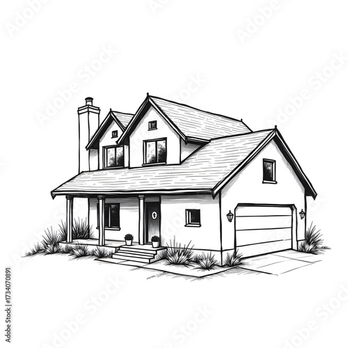 Sketch of Suburban Home: A hand-drawn illustration of a charming suburban residence, complete with a welcoming porch, a sturdy chimney, and a neat garage, capturing the essence of a dream home.