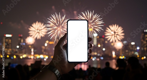 Hand holding a smartphone with a blank white screen against a backdrop of a city fireworks display at night.