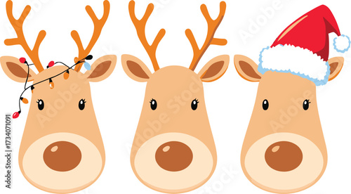 Cartoon reindeer head icon set with Christmas lights, Santa hat, and antlers in festive holiday vector illustration style