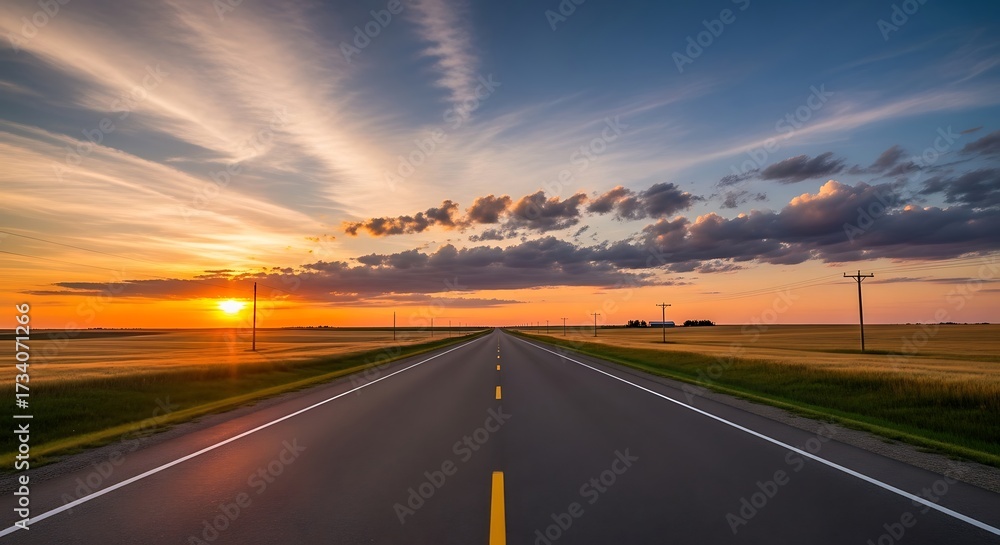 Fototapeta premium Long straight road stretching into the sunset horizon under a dramatic sky.