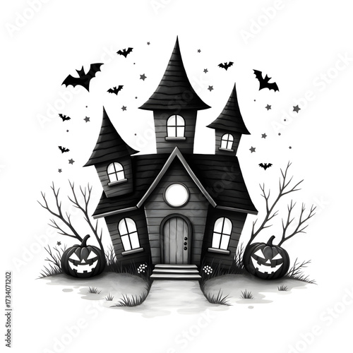Spooky Halloween House Illustration: A haunting monochrome illustration depicts a crooked, eerie house surrounded by bats and grinning pumpkins. A perfect scene to capture the spirit of the season.