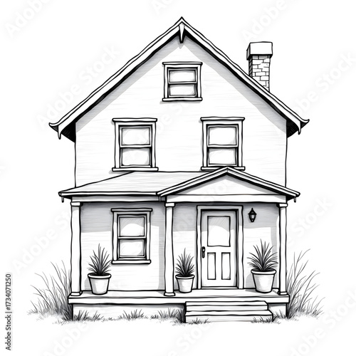 Classic House Illustration: A detailed black-and-white illustration of a traditional house, with inviting front porch and charming architecture. 