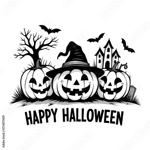 Happy Halloween Pumpkin Trio: Spooky carved pumpkins, adorned with witch hat and haunted house, stand ready for the chilling All Hallows' Eve celebration, accompanied by silhouetted bats. 