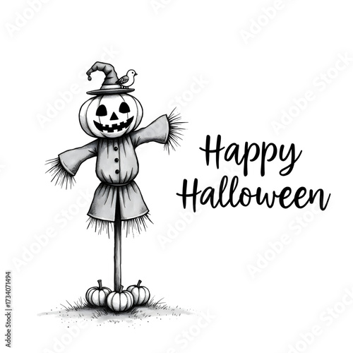Spooky Scarecrow Halloween: A charming hand-drawn scarecrow wears a pumpkin head, accompanied by the joyful message Happy Halloween, radiating festive cheer and ghostly fun. 