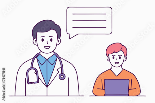 A doctor is consulting with a patient who is using a laptop isolated on white background for a telemedicine appointment