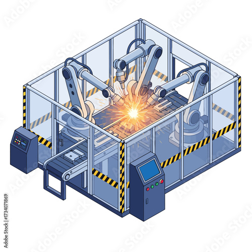 Robotic Welding Cell AI with automated fabrication and industrial assembly, showing robot arms welding parts inside a safety cage