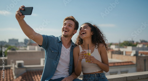 Cheerful young couple making memories with a rooftop selfie and refreshing drinks enjoying city views on a beautiful day perfect for summer fun