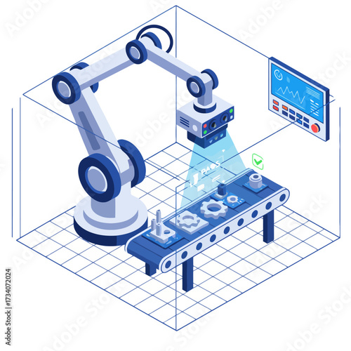 Robotic Inspection Arm AI performing quality control and automated measurement of parts on an assembly line for smart manufacturing