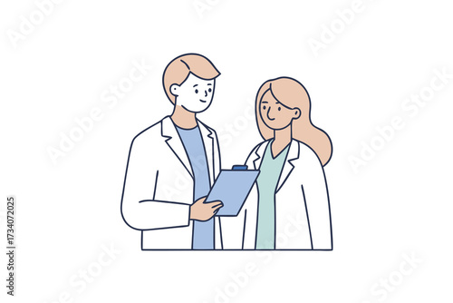 Two doctors in white coats are discussing a patients medical history, isolated on white background they are holding a clipboard