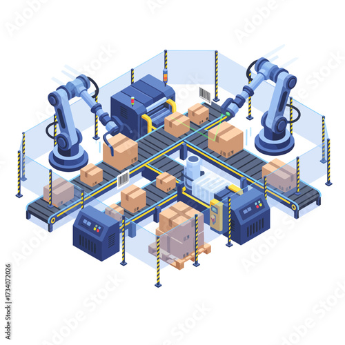 Robotic Packaging Station AI with automated assembly and smart factory systems sorting cardboard boxes on a conveyor belt