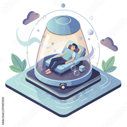 Relaxation Pod AI for sensory deprivation and stress management, showing a person resting inside a futuristic isolation chamber